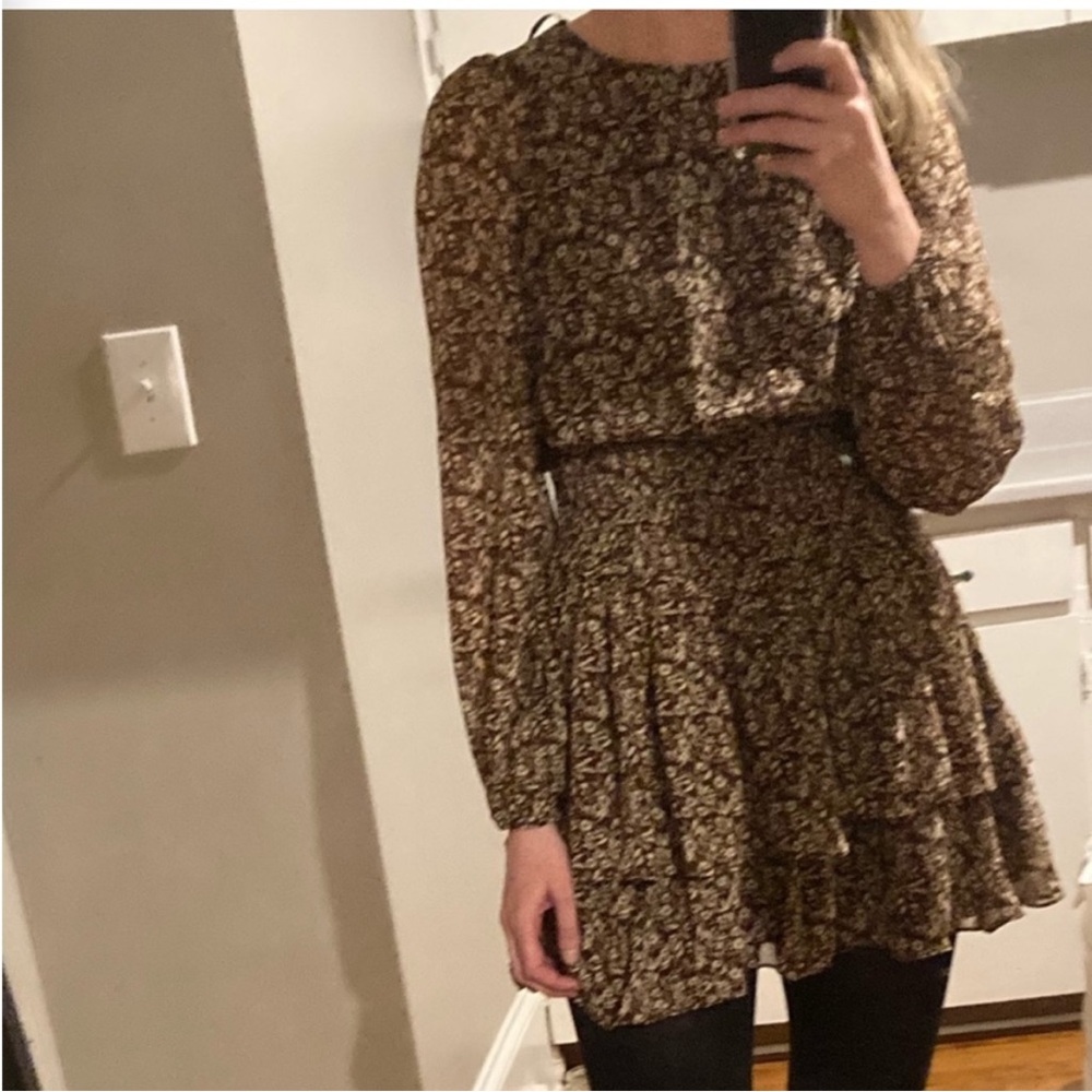 Mink Pink 🍂 Fall Long Sleeve Dress Brown Floral frilly defined waist